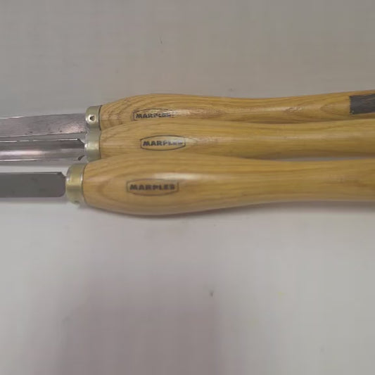 Three vintage Marples woodturning chisels including gouge, parting tool, and turning chisel.