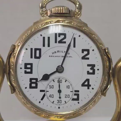 Hamilton 992B Railway Special Size 16 pocket watch with triple-sunk porcelain dial and original gold-filled scroll case.