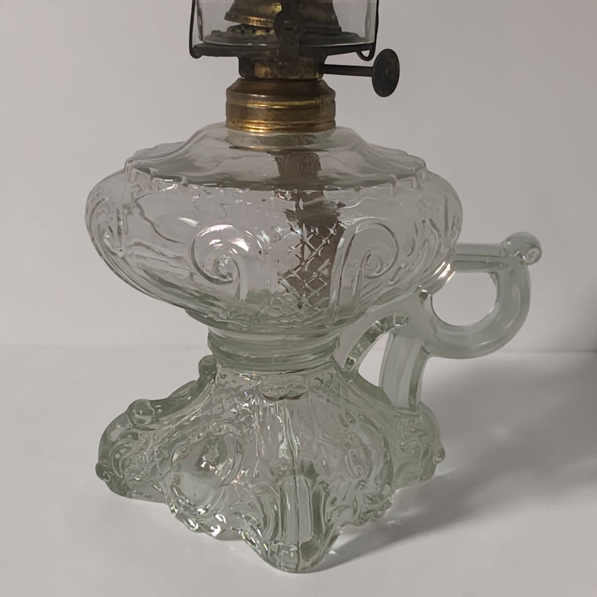 Victorian Princess Feather kerosene lamp with rare finger holder variation