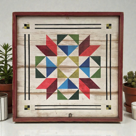 Framed geometric art piece with a star design on a wooden background