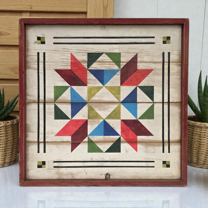 Colorful geometric pattern in a wooden frame on a light background