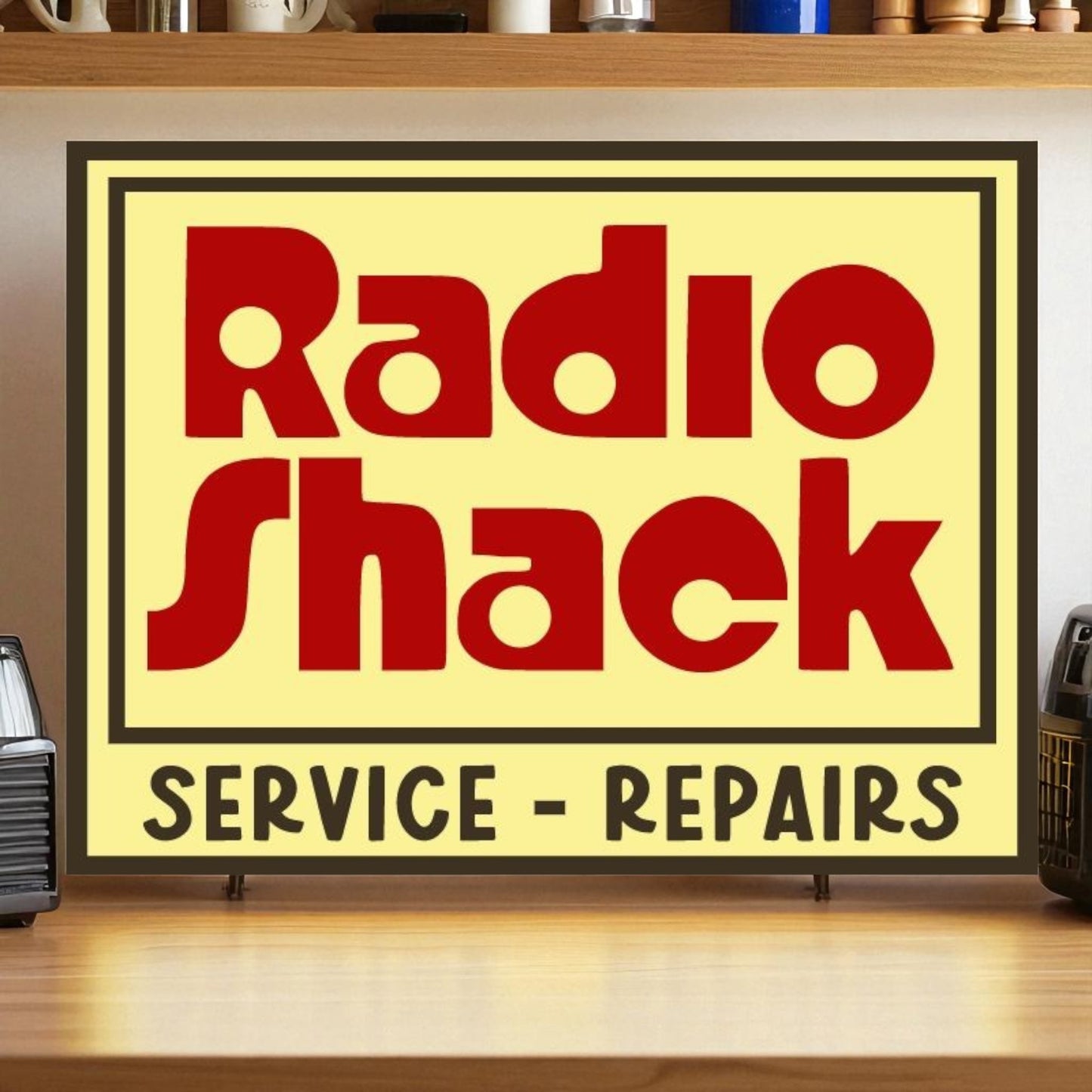 Vintage Radio Shack sign on a wooden surface