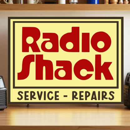 Vintage Radio Shack sign on a wooden surface