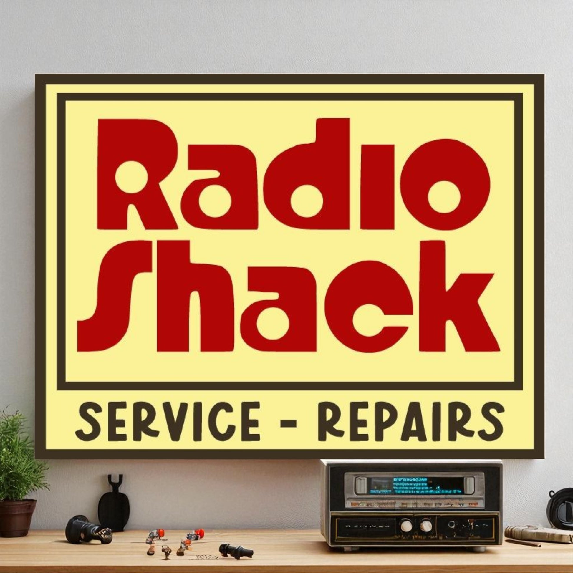 Framed Radio Shack service and repairs sign on a wall with vintage radio and tools below.