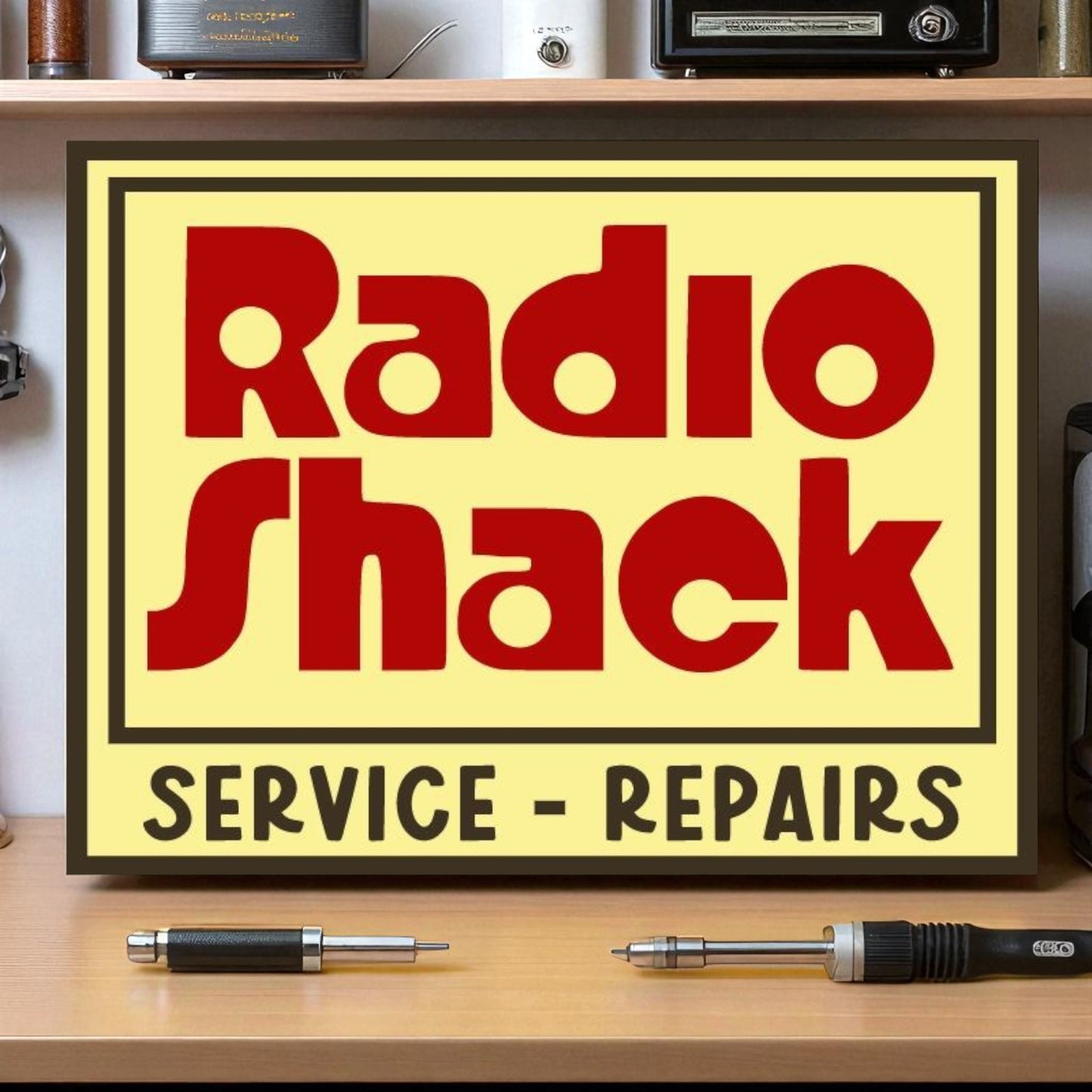 Radio Shack sign on a shelf with tools below