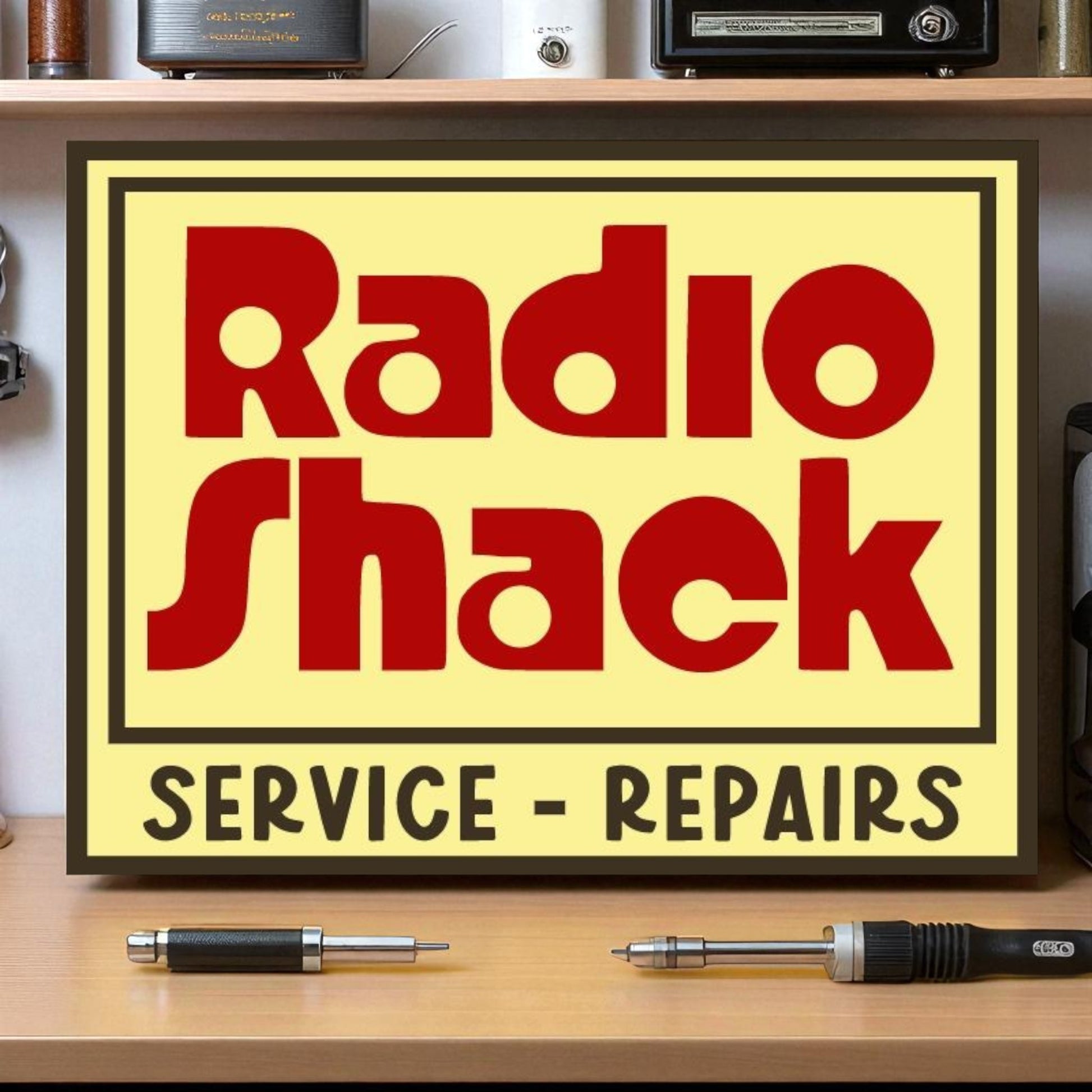 Radio Shack sign on a shelf with tools below