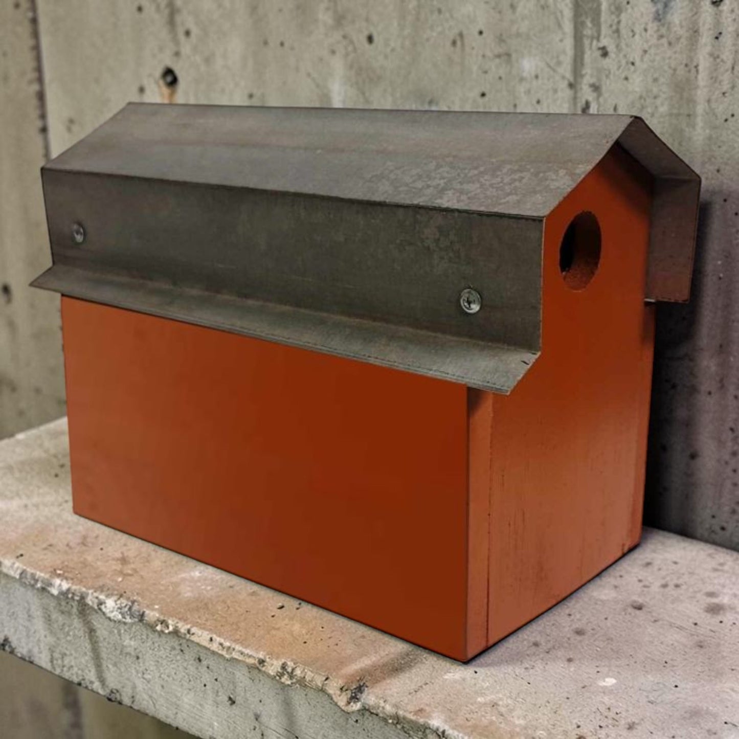 Red reclaimed barn tin Rock City double birdhouse with “See 7 States” hand lettering and two nesting compartments.