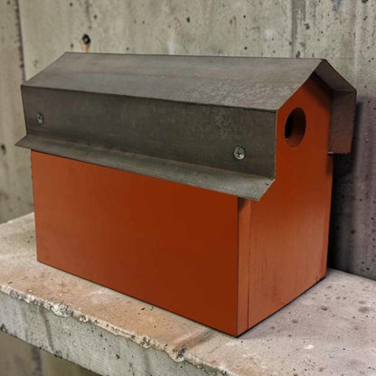 Red reclaimed barn tin Rock City double birdhouse with “See 7 States” hand lettering and two nesting compartments.