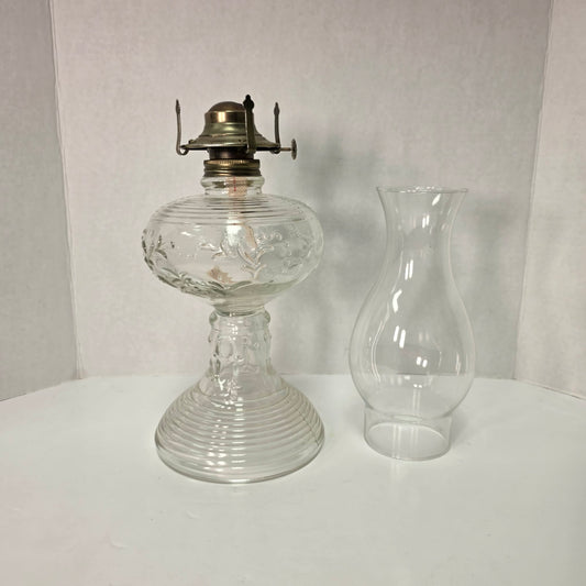 Vintage Floral Ribbed Glass Oil Lamp 18” Tall with Chimney