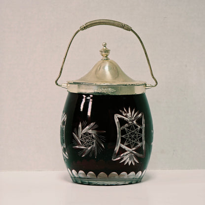 Ruby Flash American biscuit barrel with deep red cut to clear glass and metal handle
