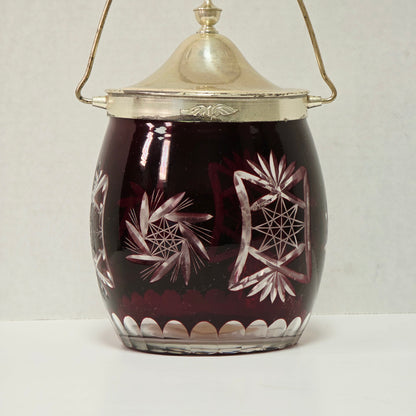 Ruby Flash American biscuit barrel with deep red cut to clear glass and metal handle
