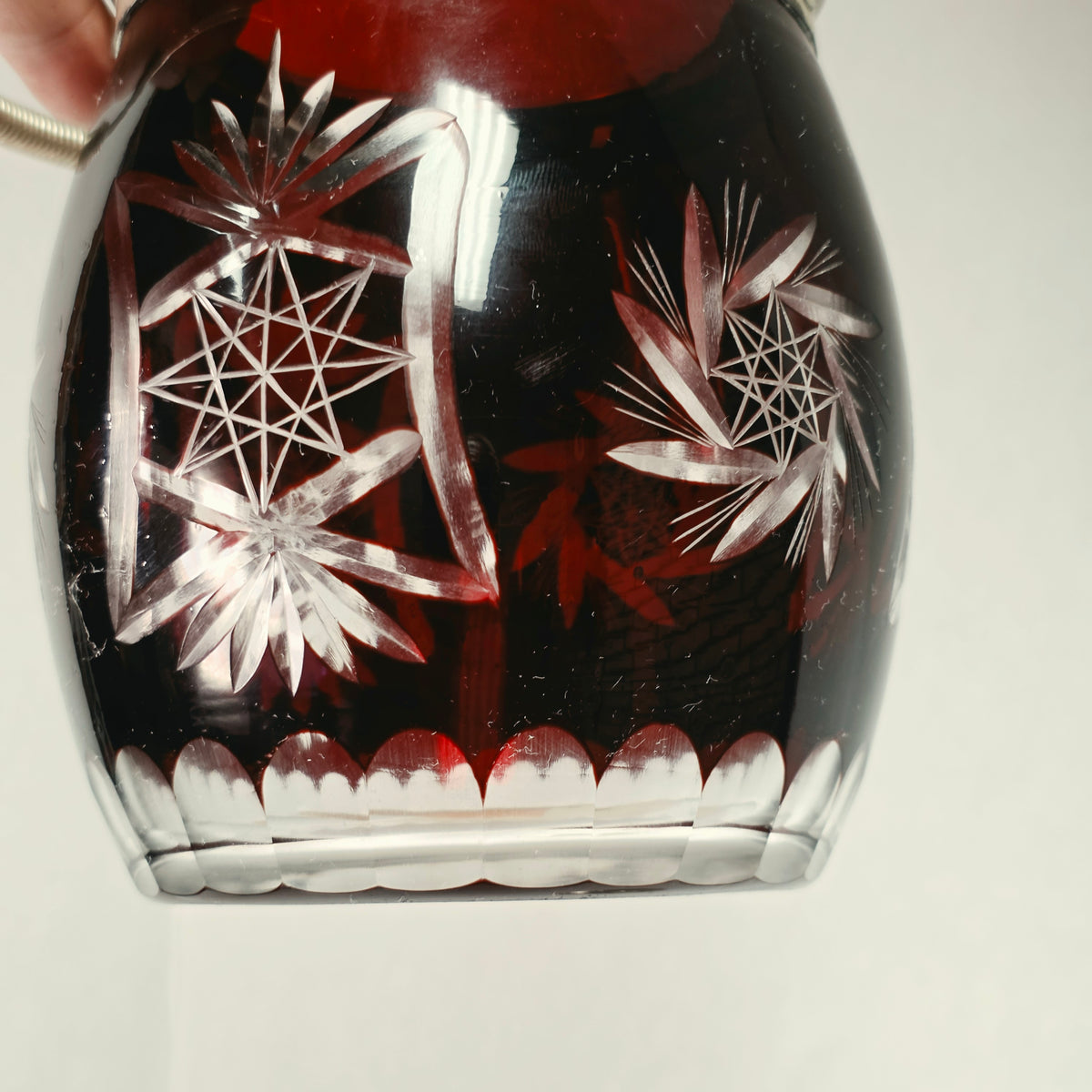 Ruby Flash American biscuit barrel with deep red cut to clear glass and metal handle

