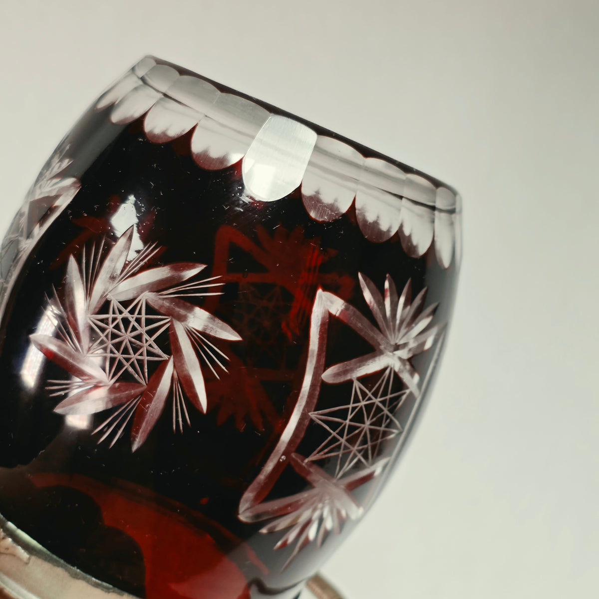 Ruby Flash American biscuit barrel with deep red cut to clear glass and metal handle
