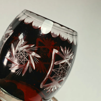 Ruby Flash American biscuit barrel with deep red cut to clear glass and metal handle
