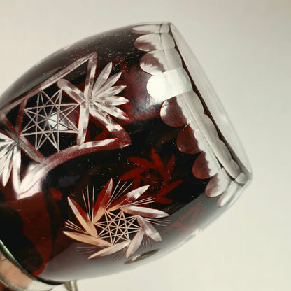 Ruby Flash American biscuit barrel with deep red cut to clear glass and metal handle
