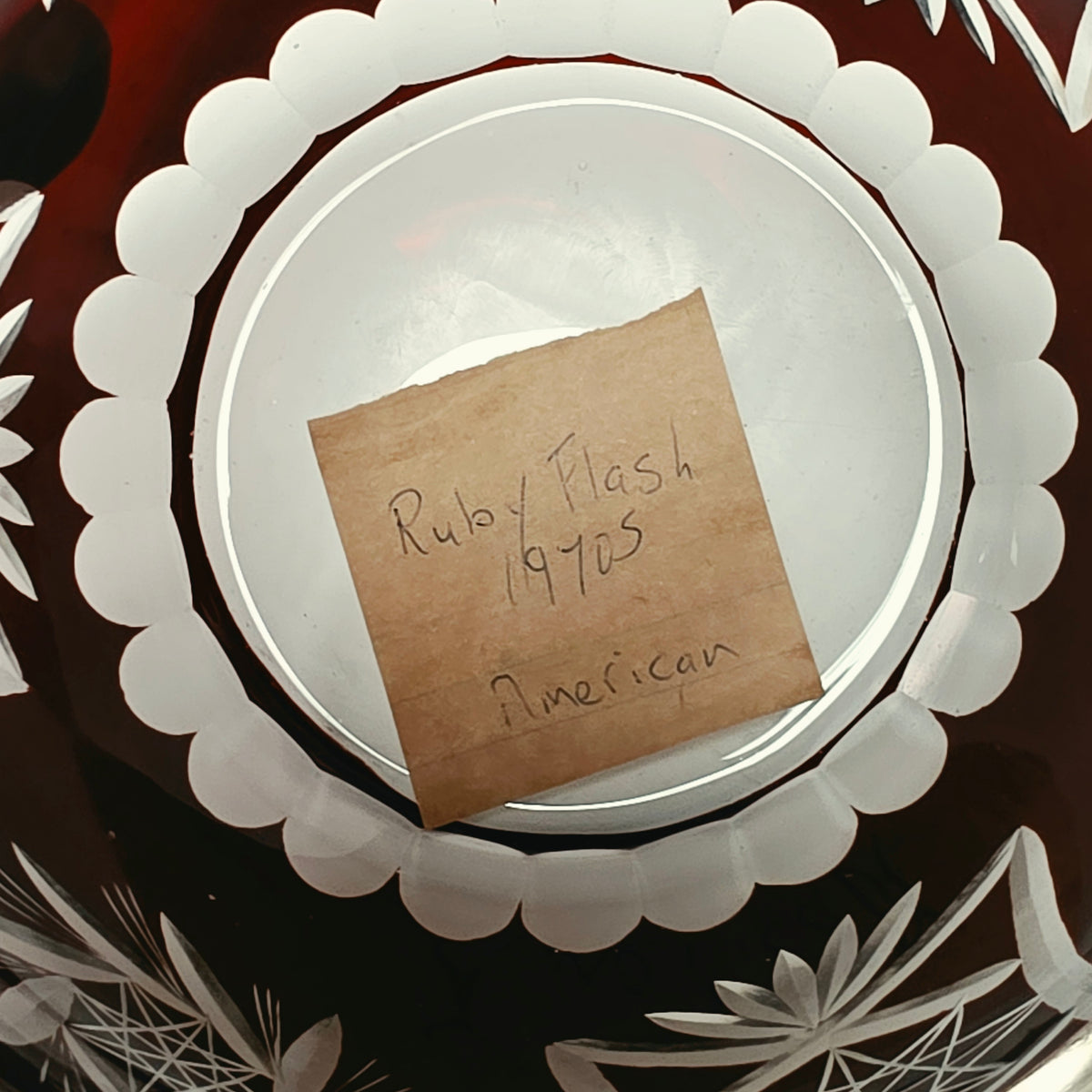 Ruby Flash American biscuit barrel with deep red cut to clear glass and metal handle
