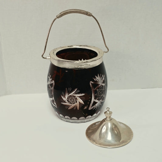 Ruby Flash American biscuit barrel with deep red cut to clear glass and metal handle
