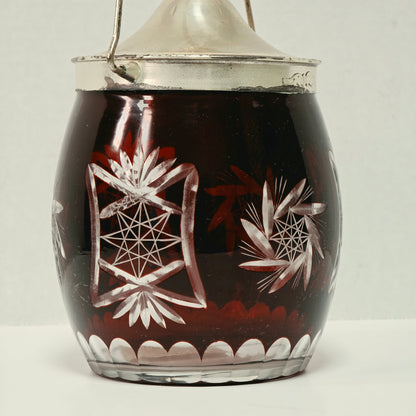 Ruby Flash American biscuit barrel with deep red cut to clear glass and metal handle
