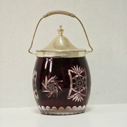 Ruby Flash American biscuit barrel with deep red cut to clear glass and metal handle
