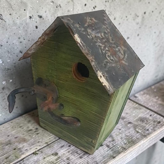 Rustic Reclaimed Birdhouse Tin Roof Cast Iron Perch