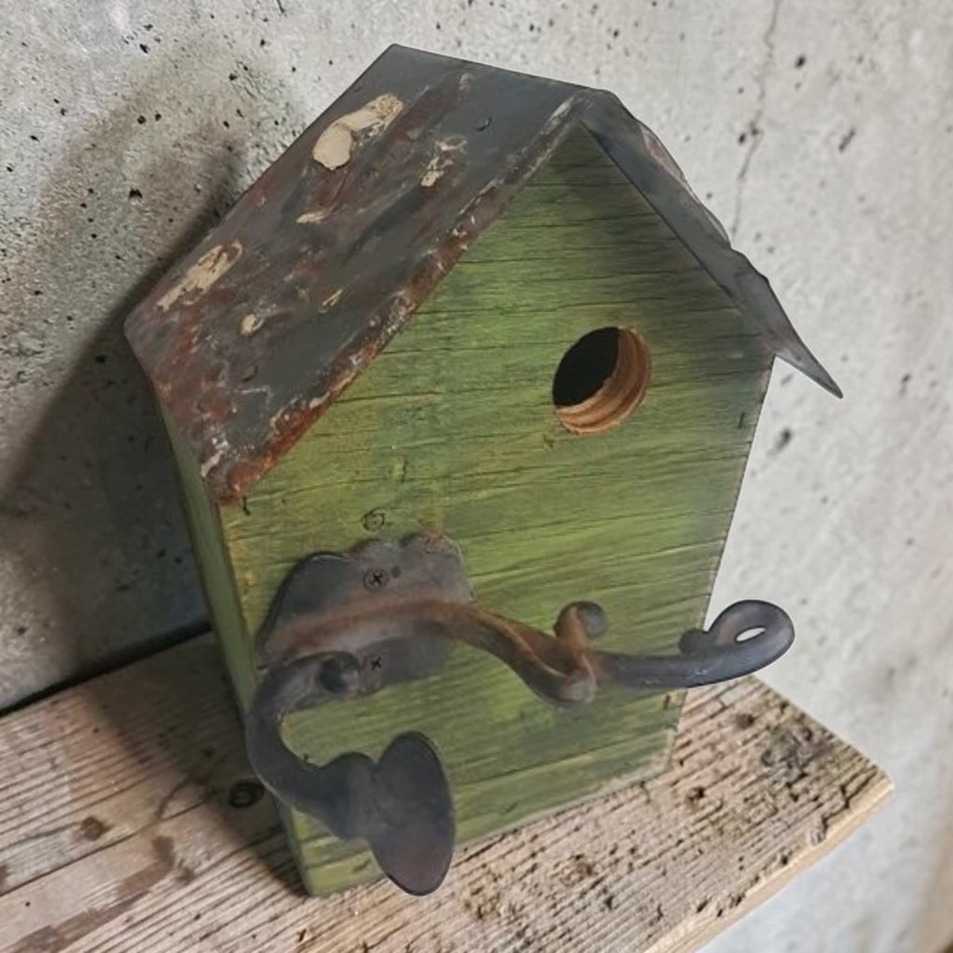 Rustic Reclaimed Birdhouse Tin Roof Cast Iron Perch
