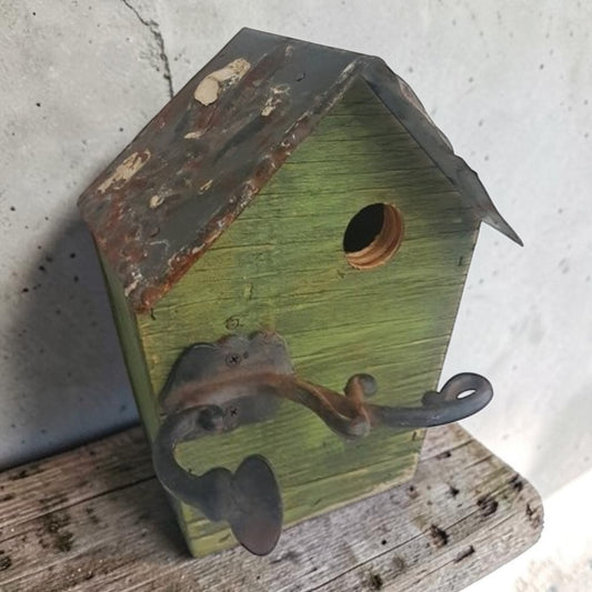 Rustic Reclaimed Birdhouse Tin Roof Cast Iron Perch