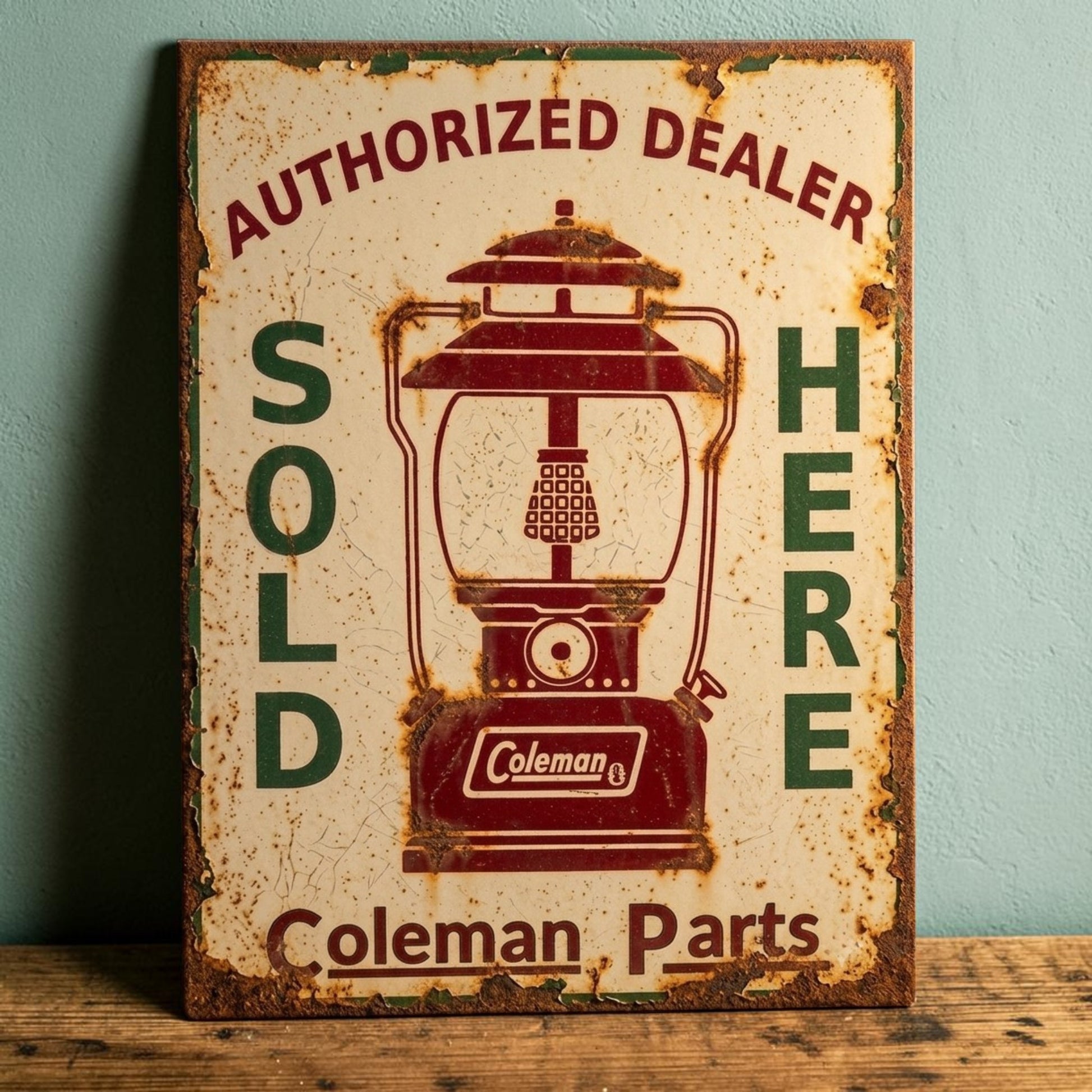Rustic retro Coleman Authorized Dealer Parts Sold Here sign featuring a weathered Coleman lantern.
