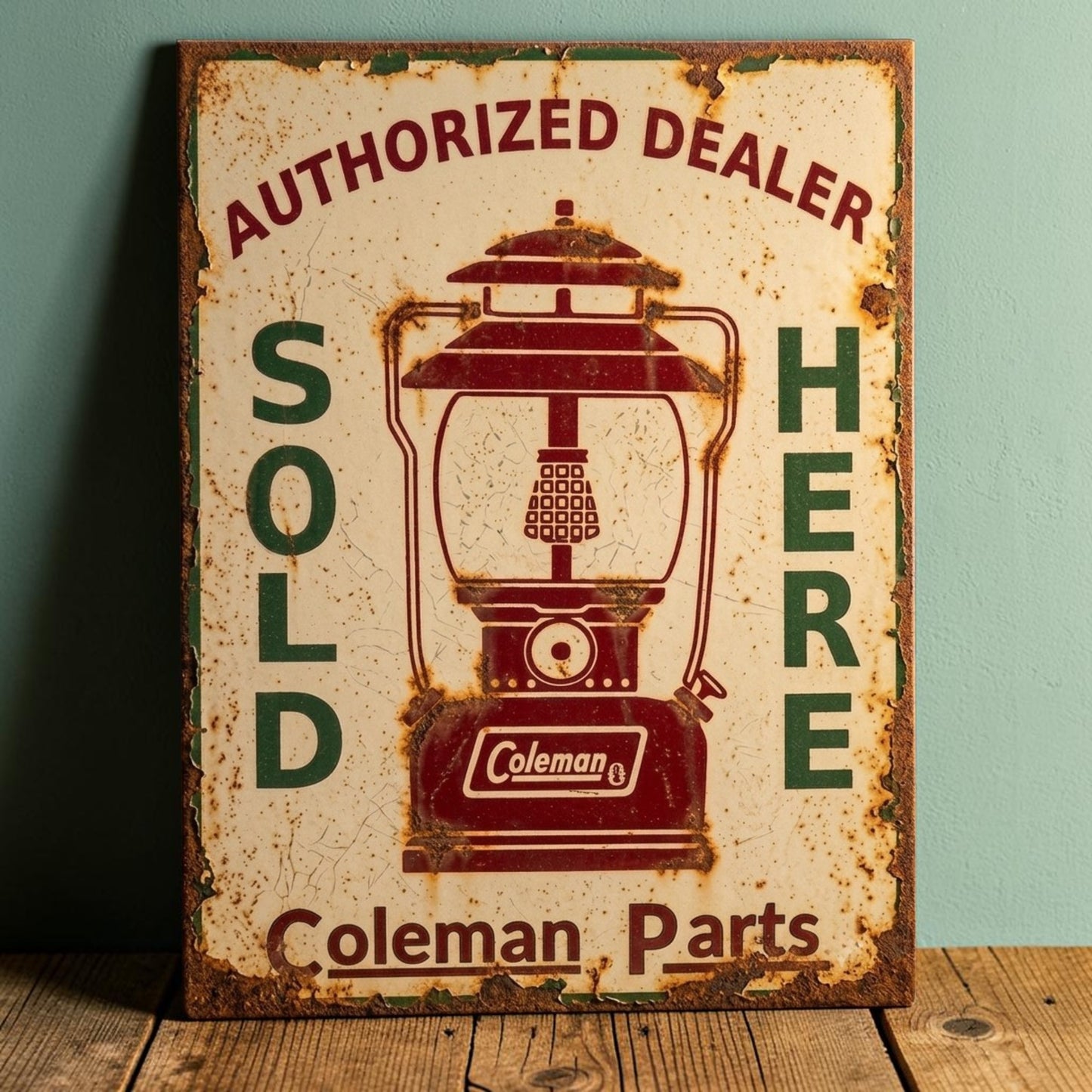 Rustic retro Coleman Authorized Dealer Parts Sold Here sign featuring a weathered Coleman lantern.
