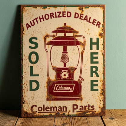 Rustic retro Coleman Authorized Dealer Parts Sold Here sign featuring a weathered Coleman lantern.
