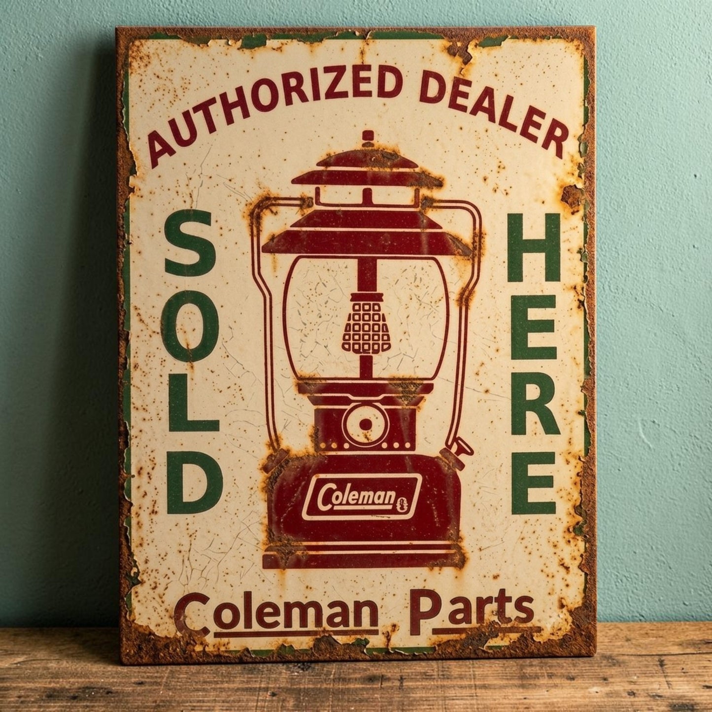 Rustic retro Coleman Authorized Dealer Parts Sold Here sign featuring a weathered Coleman lantern.
