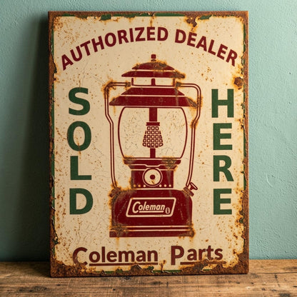 Rustic retro Coleman Authorized Dealer Parts Sold Here sign featuring a weathered Coleman lantern.
