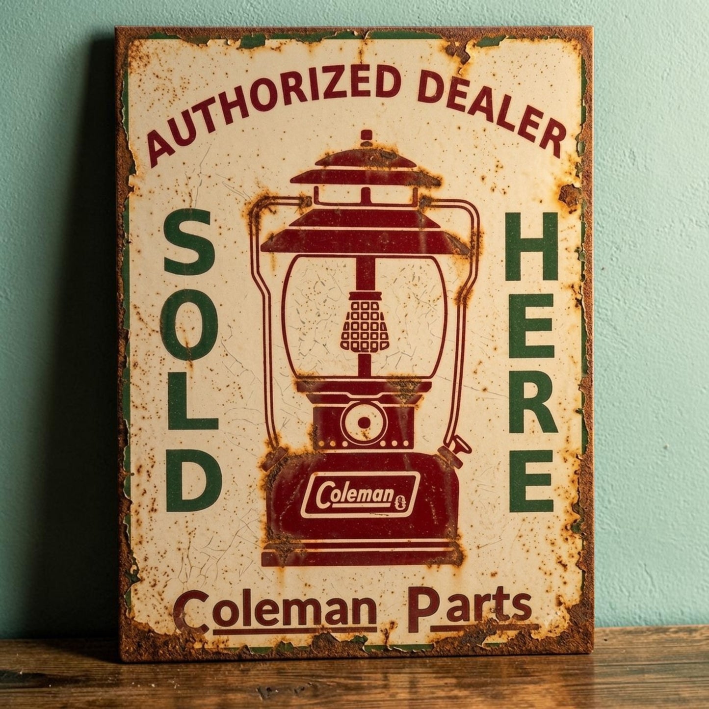 Rustic retro Coleman Authorized Dealer Parts Sold Here sign featuring a weathered Coleman lantern.
