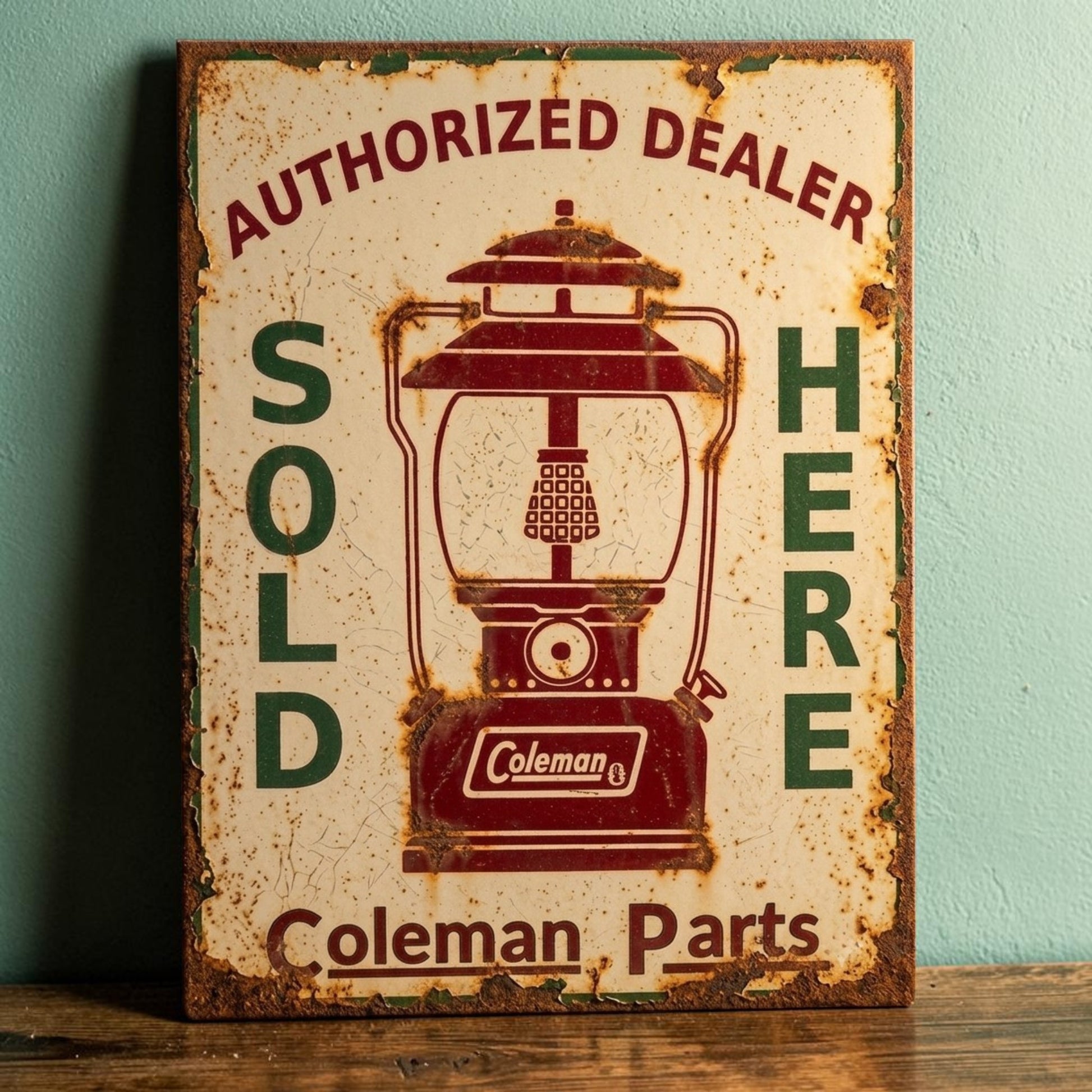 Rustic retro Coleman Authorized Dealer Parts Sold Here sign featuring a weathered Coleman lantern.

