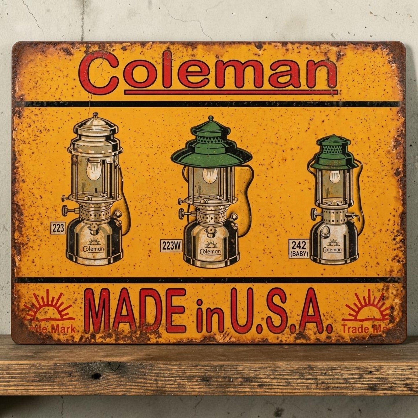 Rustic handmade Coleman Made in USA aluminum sign featuring three weathered Coleman lanterns.
