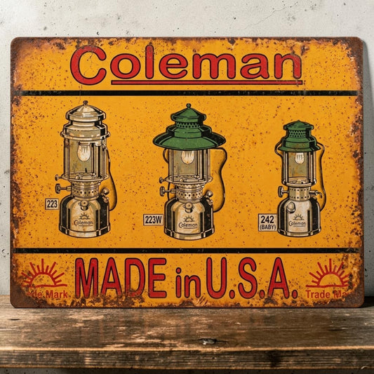 Rustic handmade Coleman Made in USA aluminum sign featuring three weathered Coleman lanterns.
