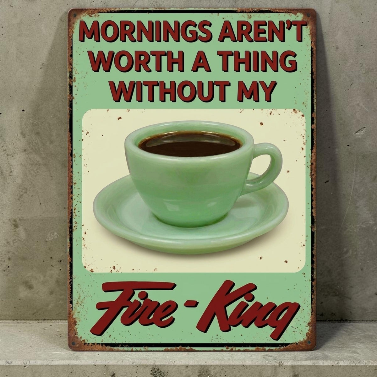 Retro Fire-King jadeite mug kitchen sign with nostalgic coffee message.
