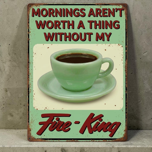 Retro Fire-King jadeite mug kitchen sign with nostalgic coffee message.
