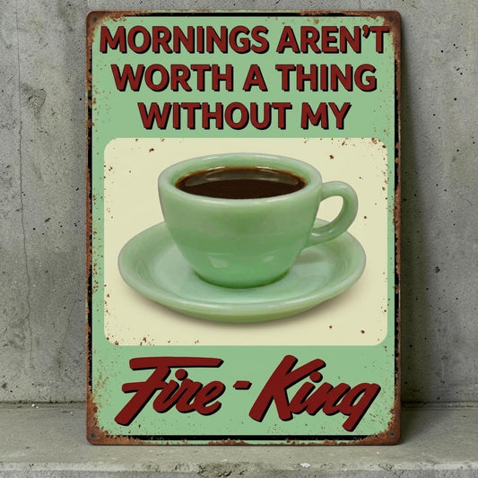 Retro Fire-King jadeite mug kitchen sign with nostalgic coffee message.
