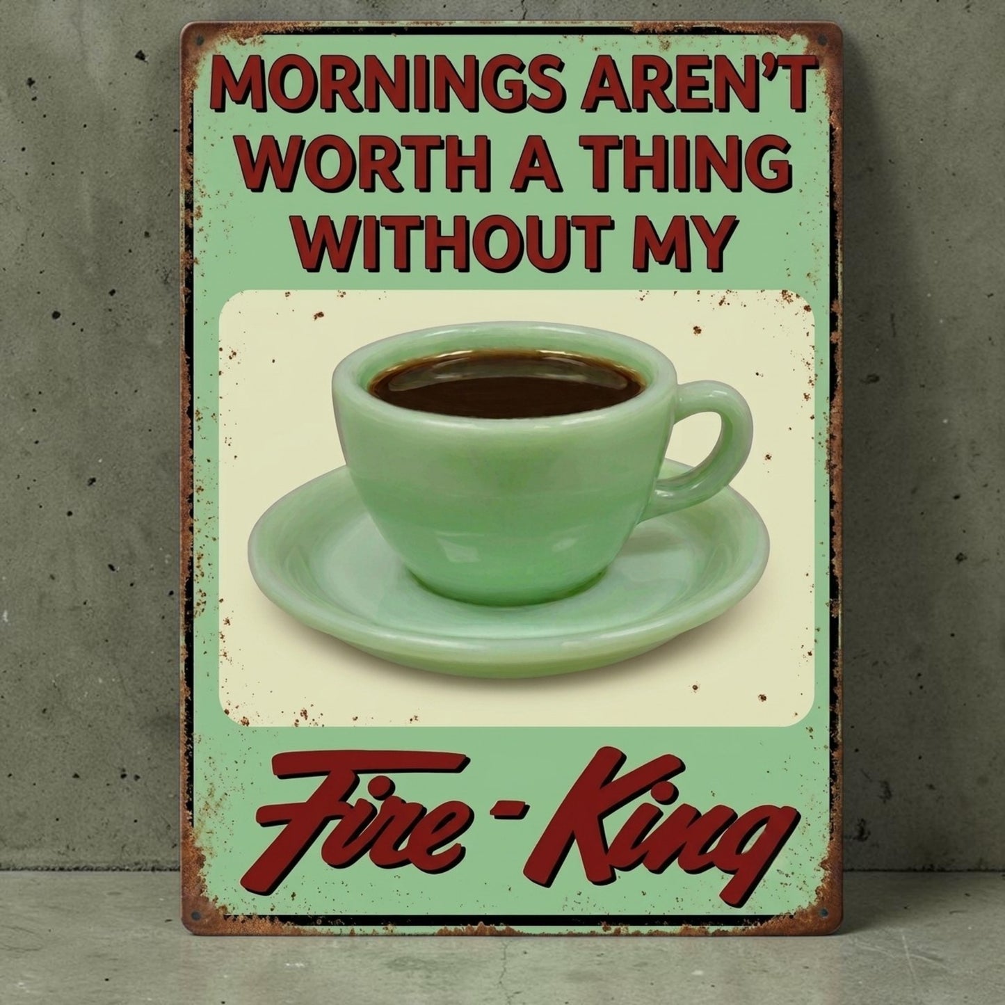 Retro Fire-King jadeite mug kitchen sign with nostalgic coffee message.

