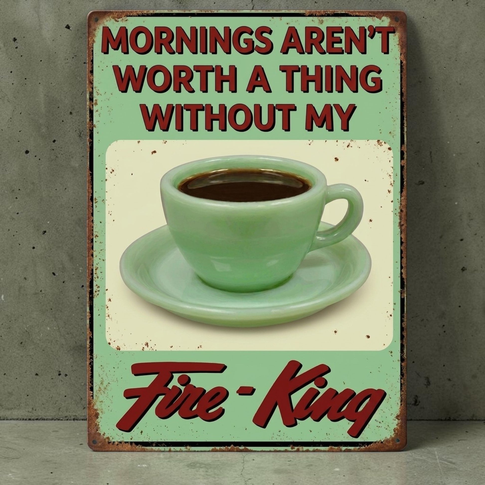 Retro Fire-King jadeite mug kitchen sign with nostalgic coffee message.
