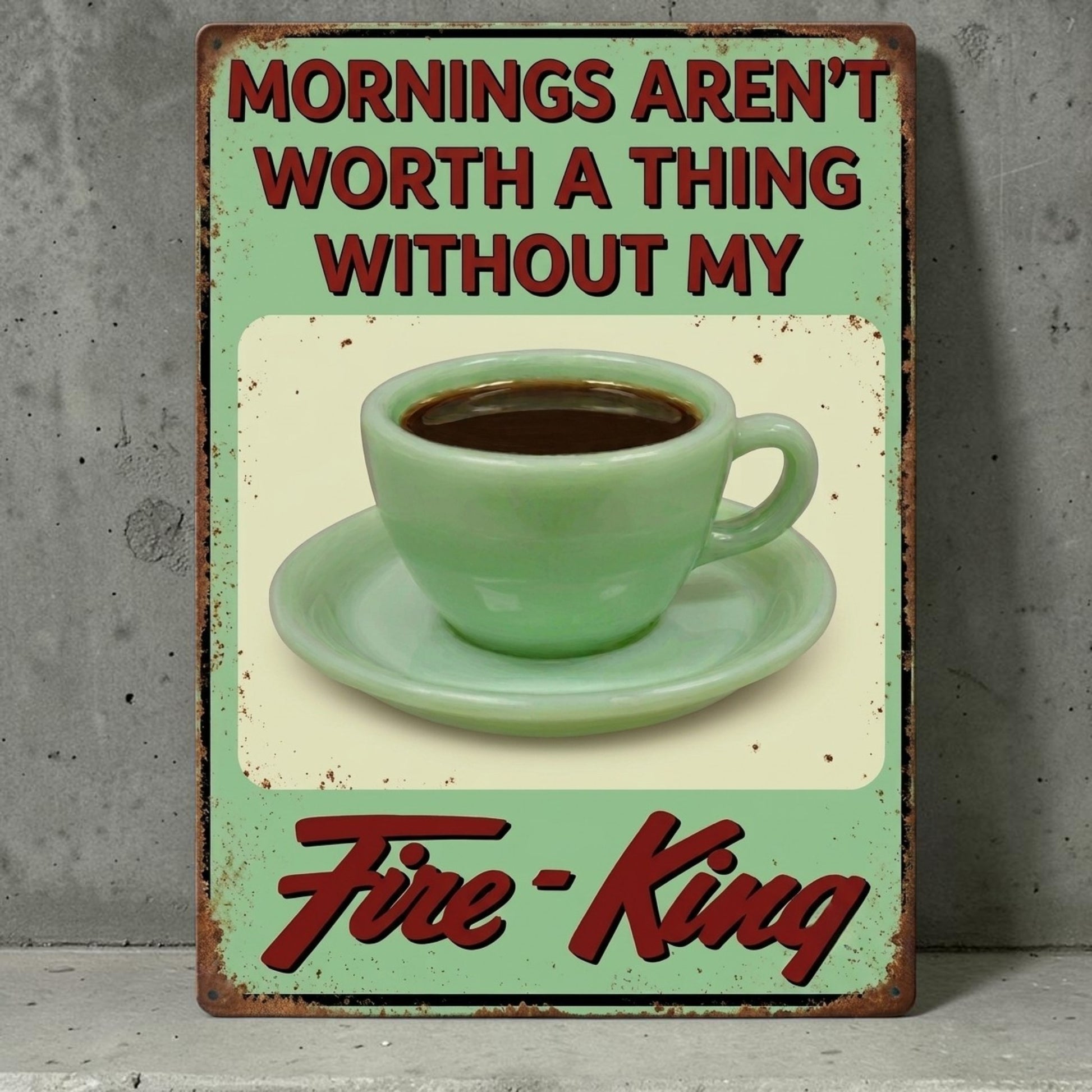 Retro Fire-King jadeite mug kitchen sign with nostalgic coffee message.
