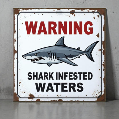 Vintage-style sign with a shark illustration and text 'WARNING: Shark Infested Waters' on a gray background.
