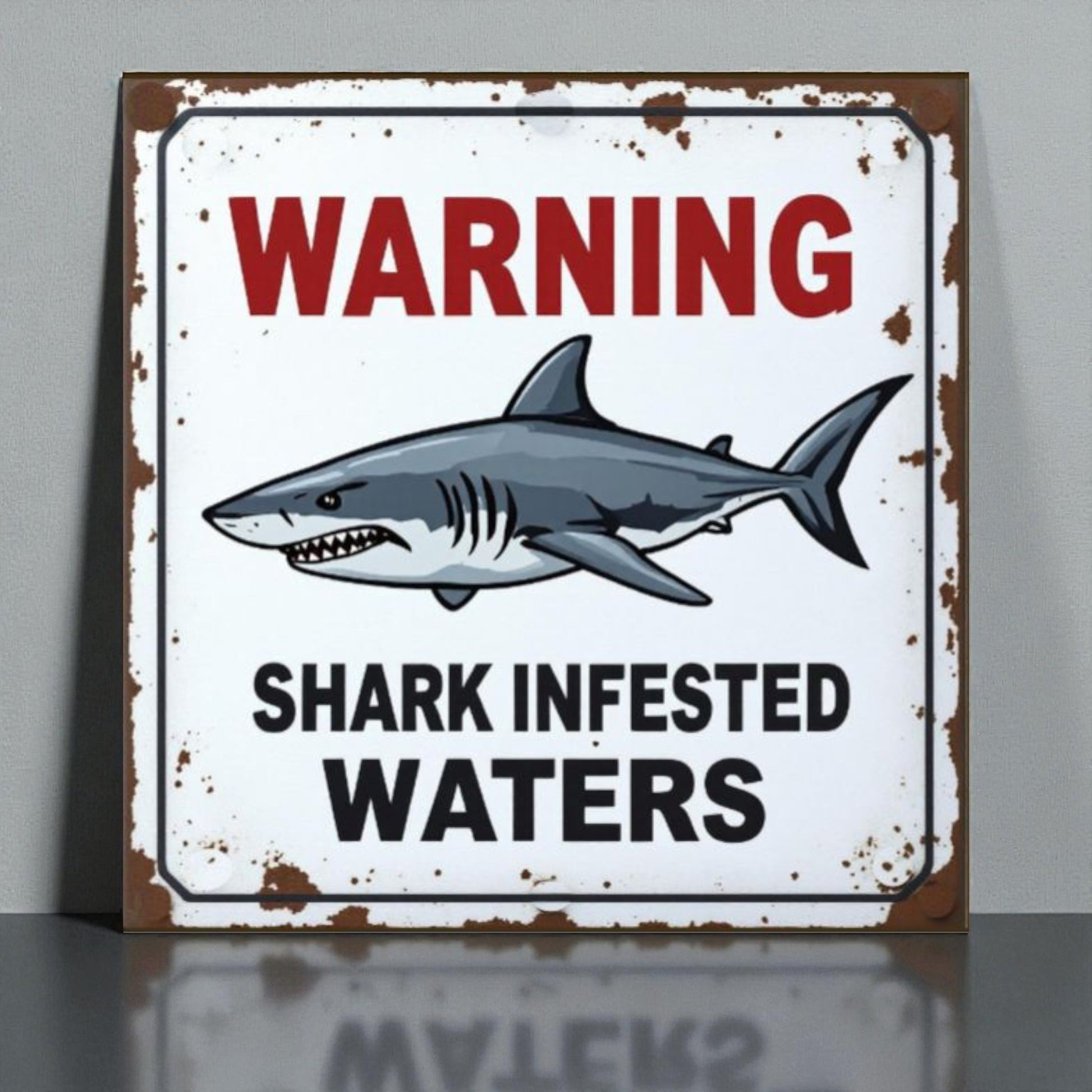 Vintage-style sign with a shark illustration and text 'WARNING: Shark Infested Waters' on a gray background.