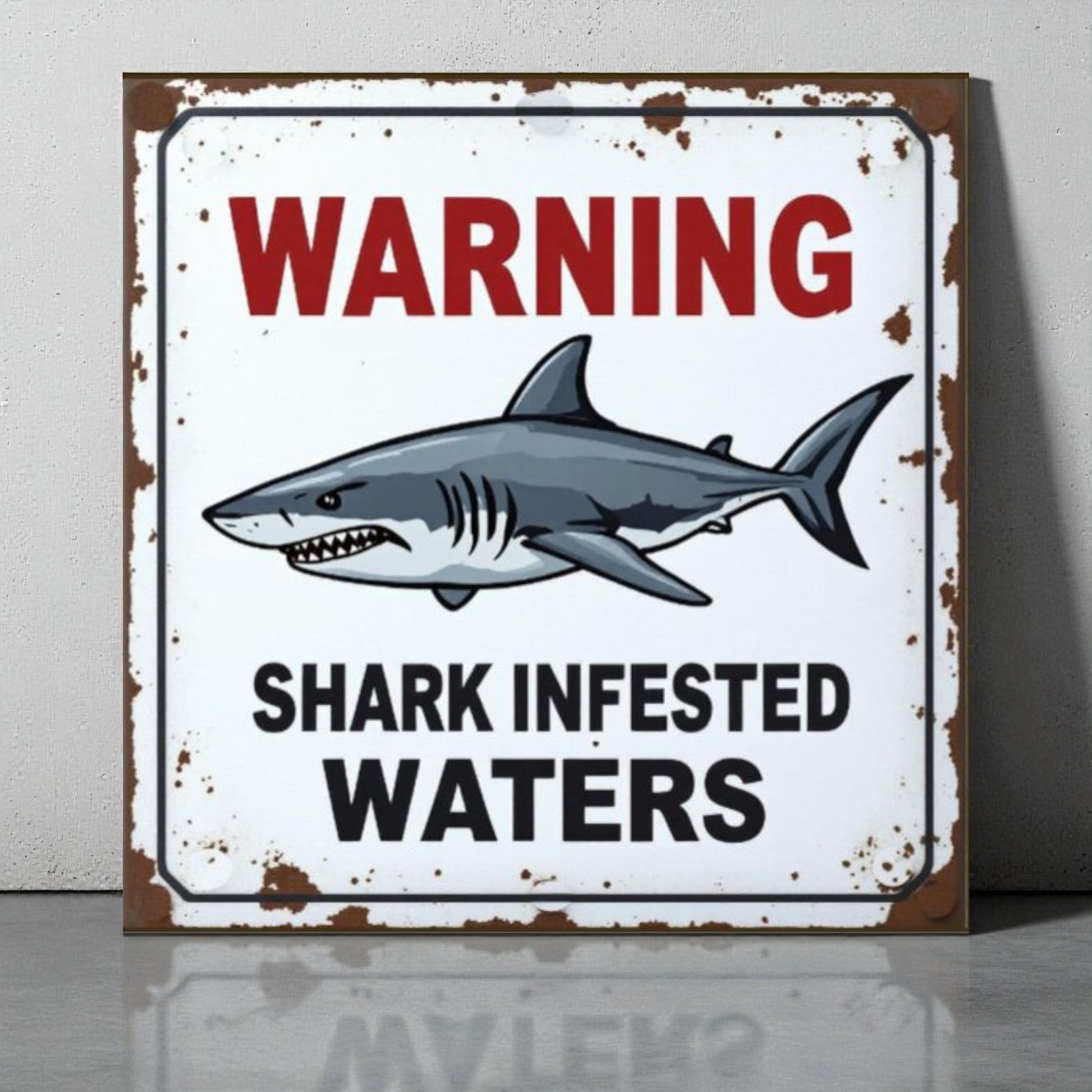 Vintage-style sign with a shark illustration and text 'WARNING: Shark Infested Waters' on a white background.