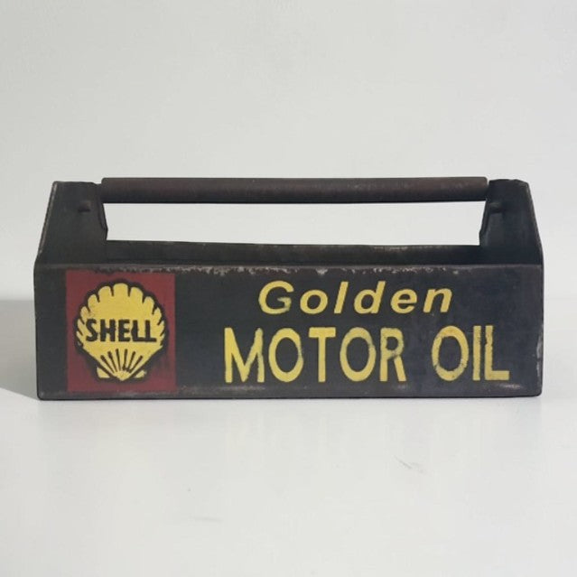 Antique Shell Motor Oil countertop display tote with swing handle