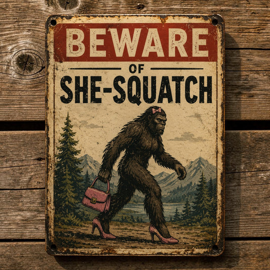 Handmade aluminum Beware of She-Squatch sign featuring a Sasquatch wearing high heels and carrying a purse.