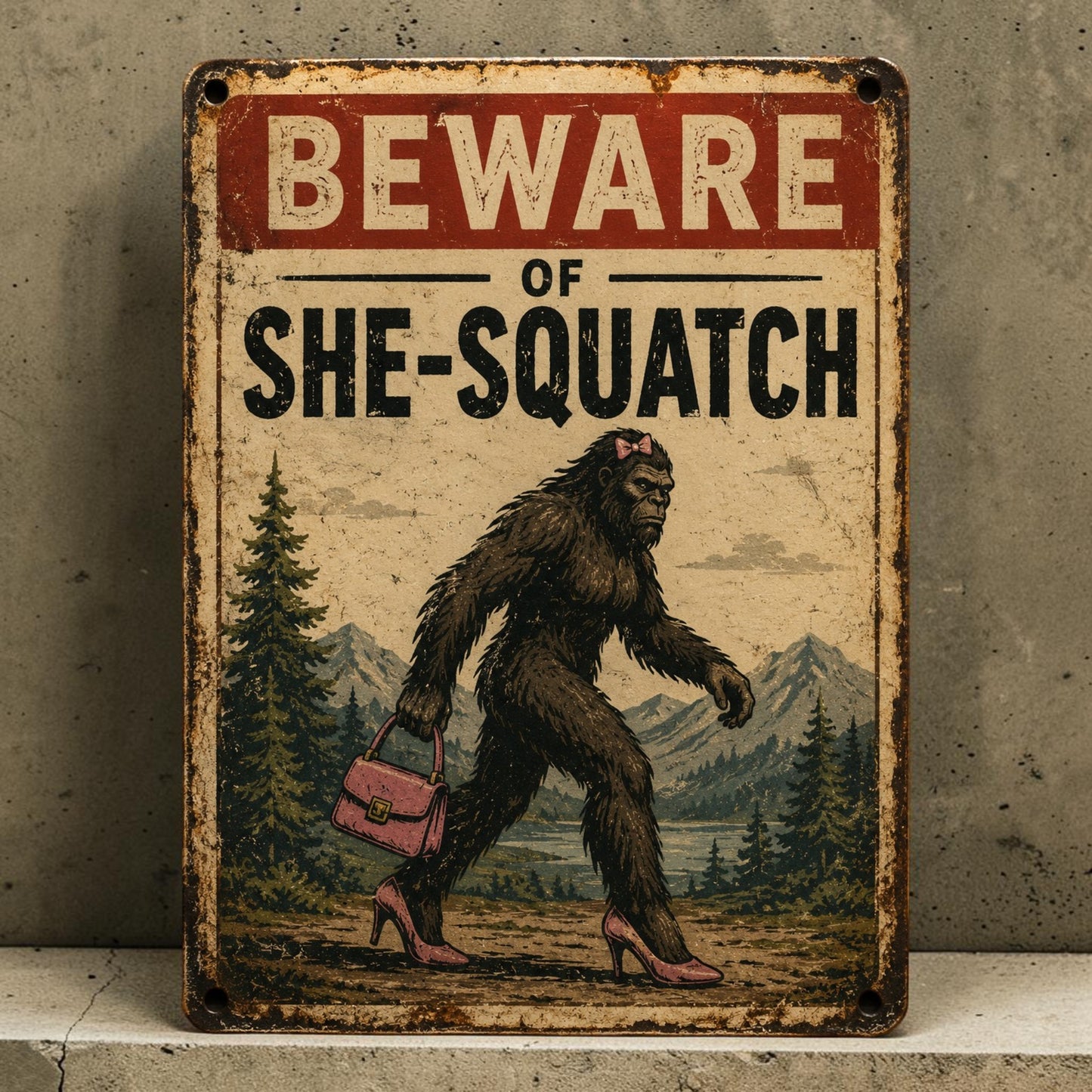 Handmade aluminum Beware of She-Squatch sign featuring a Sasquatch wearing high heels and carrying a purse.