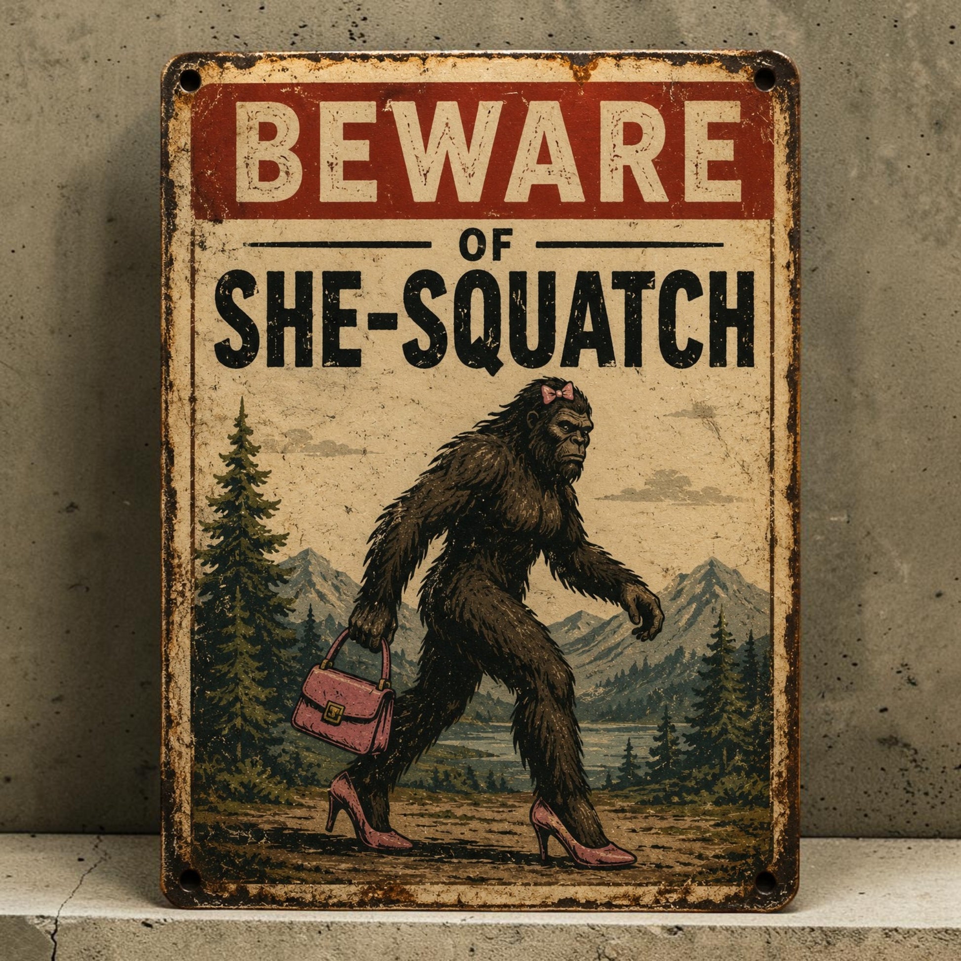Handmade aluminum Beware of She-Squatch sign featuring a Sasquatch wearing high heels and carrying a purse.