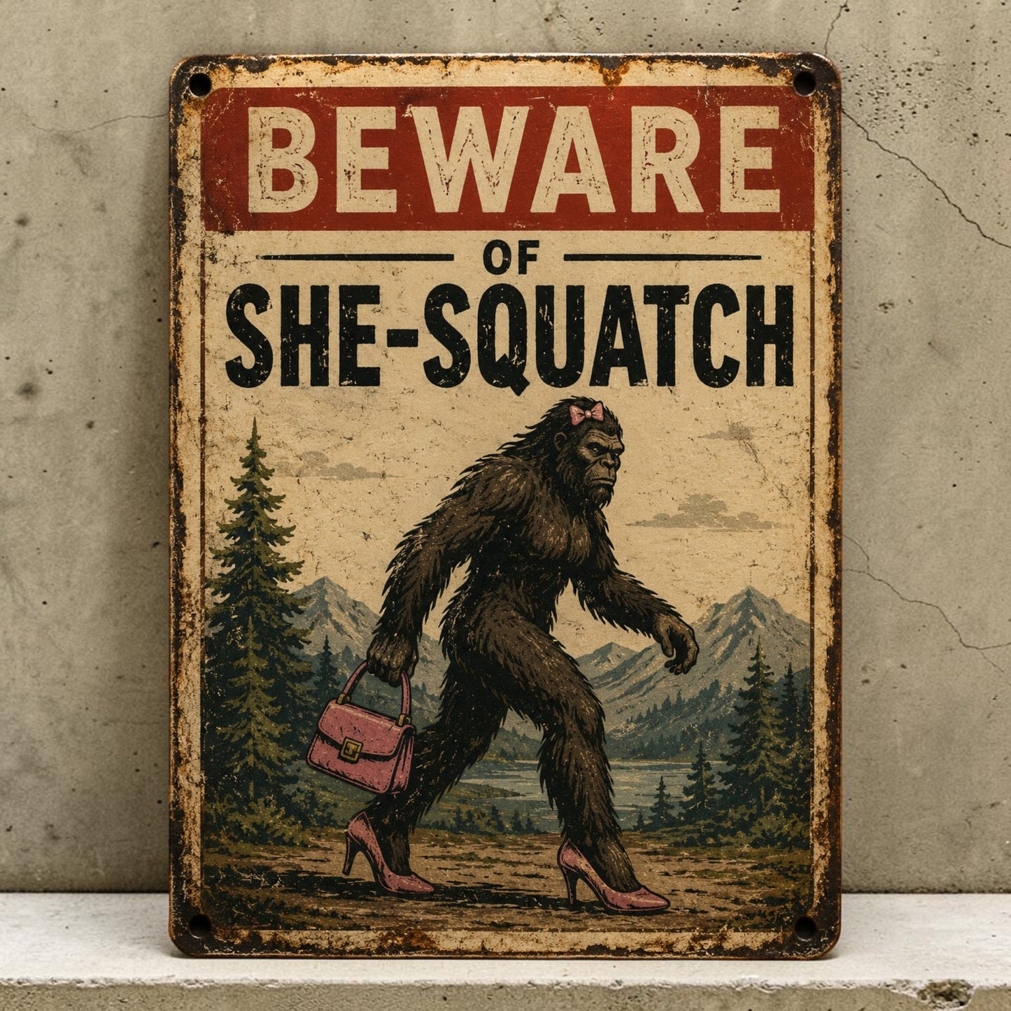 Handmade aluminum Beware of She-Squatch sign featuring a Sasquatch wearing high heels and carrying a purse.