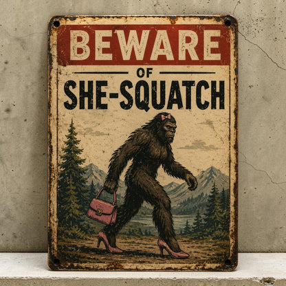 Handmade aluminum Beware of She-Squatch sign featuring a Sasquatch wearing high heels and carrying a purse.